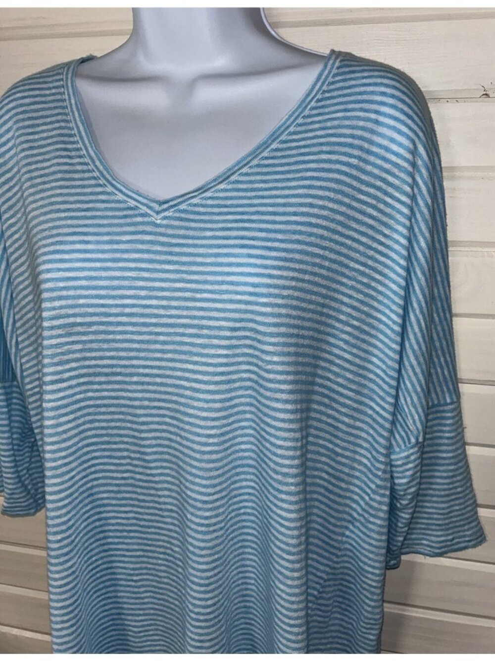 Chicos Sz 1 (MEDIUM) Aqua Blue Linen Dolman Sleeve Top Tunic Slub Knit EUC